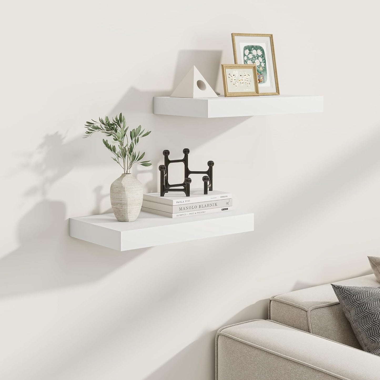 Fun Memories White Floating Shelves for Wall, 16 x 9 Inch Floating Shelf Set of 2, Rustic Natural Wood Wall Shelves, 9" Deep White Bathroom Shelves for Storage & Display