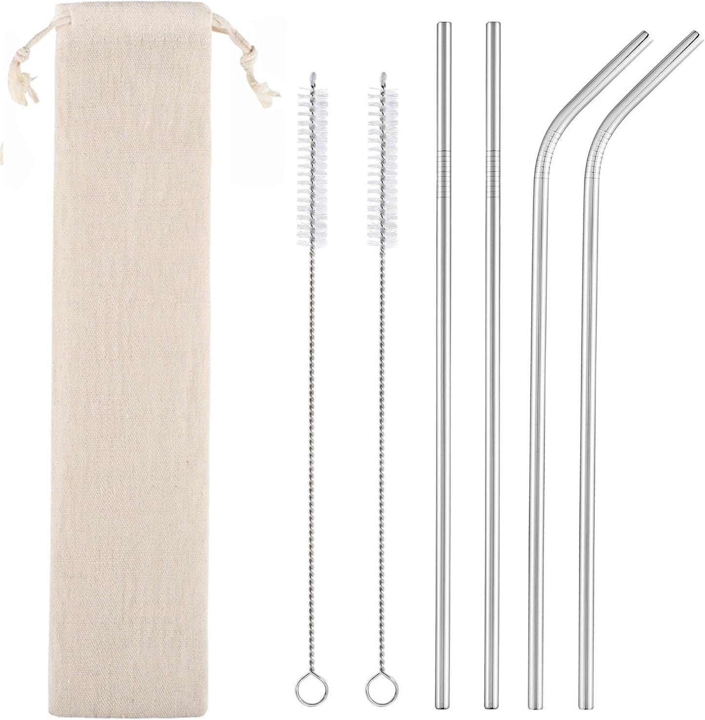 Set of 4 Reusable Metal Straws, Long Stainless Steel Straw with Cleaning Brushes and Case, Drinking for 30 oz and 20 oz Tumblers.