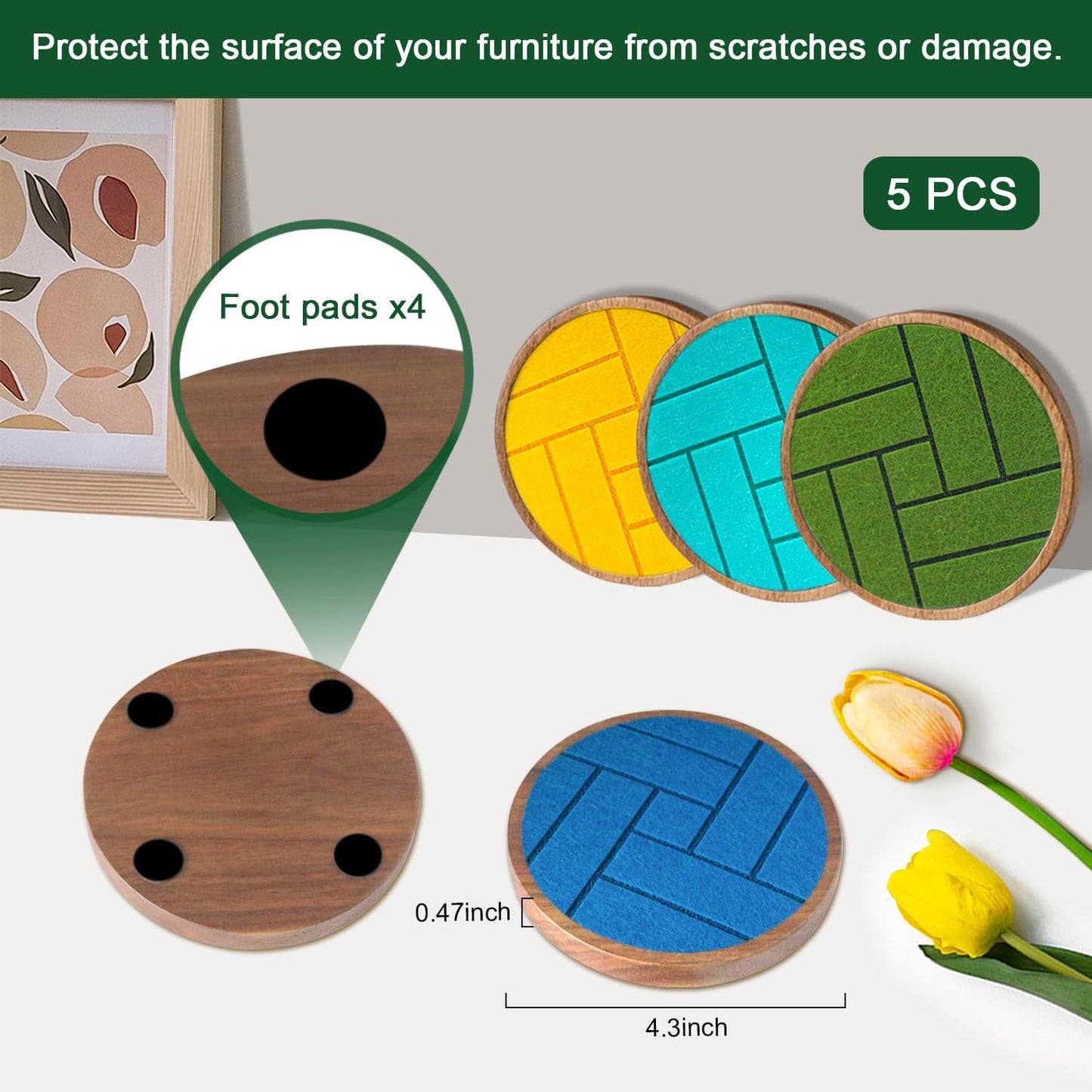 Coasters for Drinks Absorbent 5 Pack, Wood Coasters with Felt Pads, Drink Coasters for Coffee Tabletop Protection, Non-Slip, Non-Stick, Suit for Kinds of Cups 4.3 inch (Colorful Series)