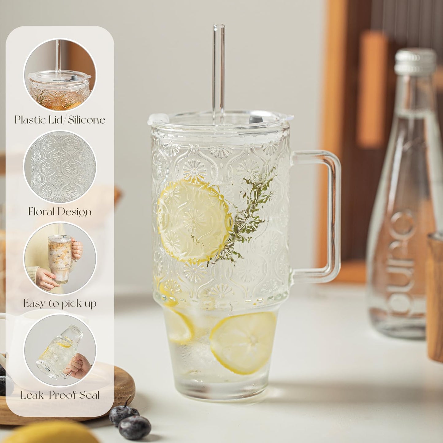 KEMORELA 2 Pack 24oz Glass Tumbler with Straw and Lid - Iced Coffee Cups with Handle, Reusable Smoothie Cup for Cold Drinks, Begonia Pattern, Dishwasher Safe
