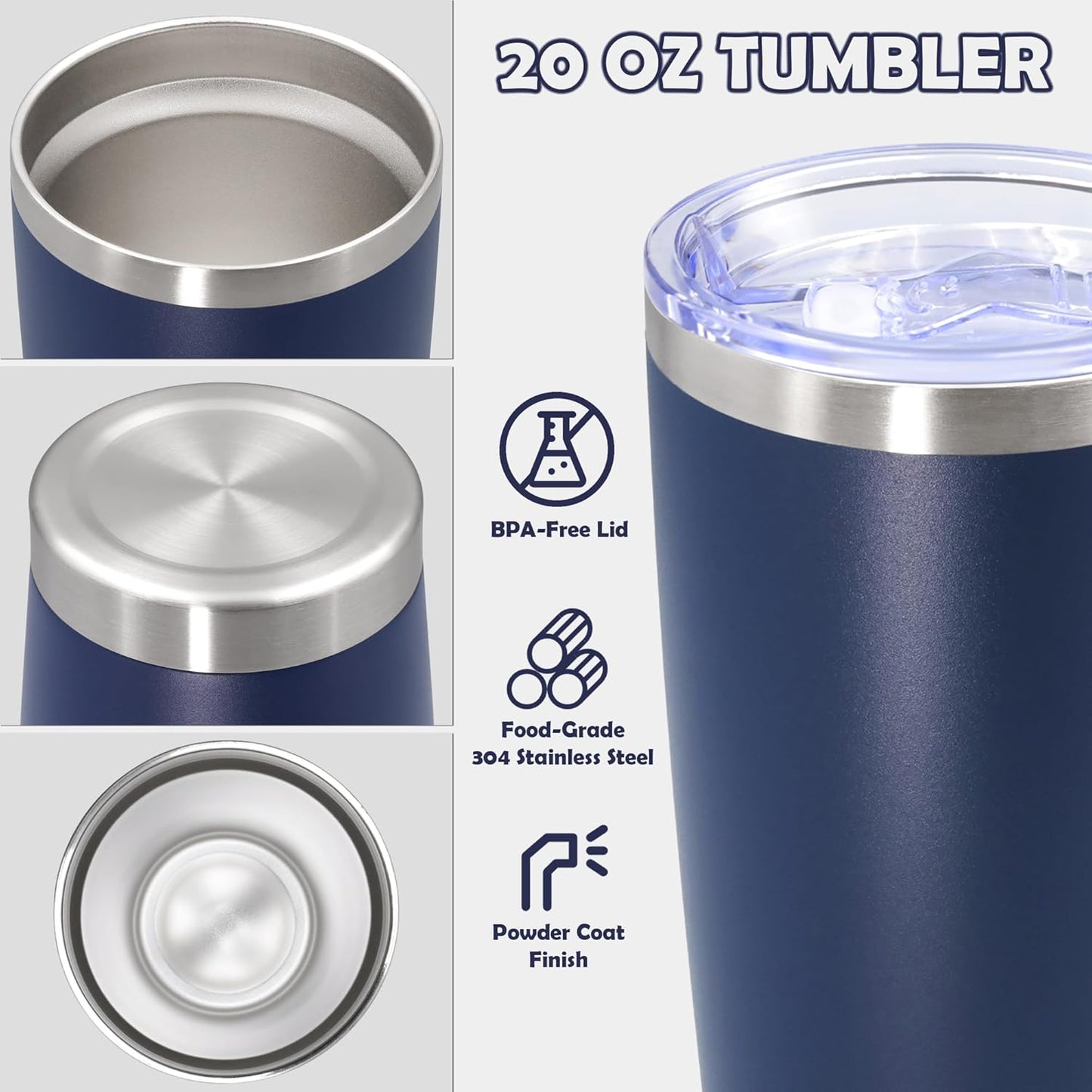 20oz Tumbler Bulk Stainless Steel Tumbler Cup with Lid Vacuum Insulated Double Wall Travel Mug, Durable Powder Coated Travel Coffee Tumbler Mug for Hot & Cold Drinks, Navy,8 Pack