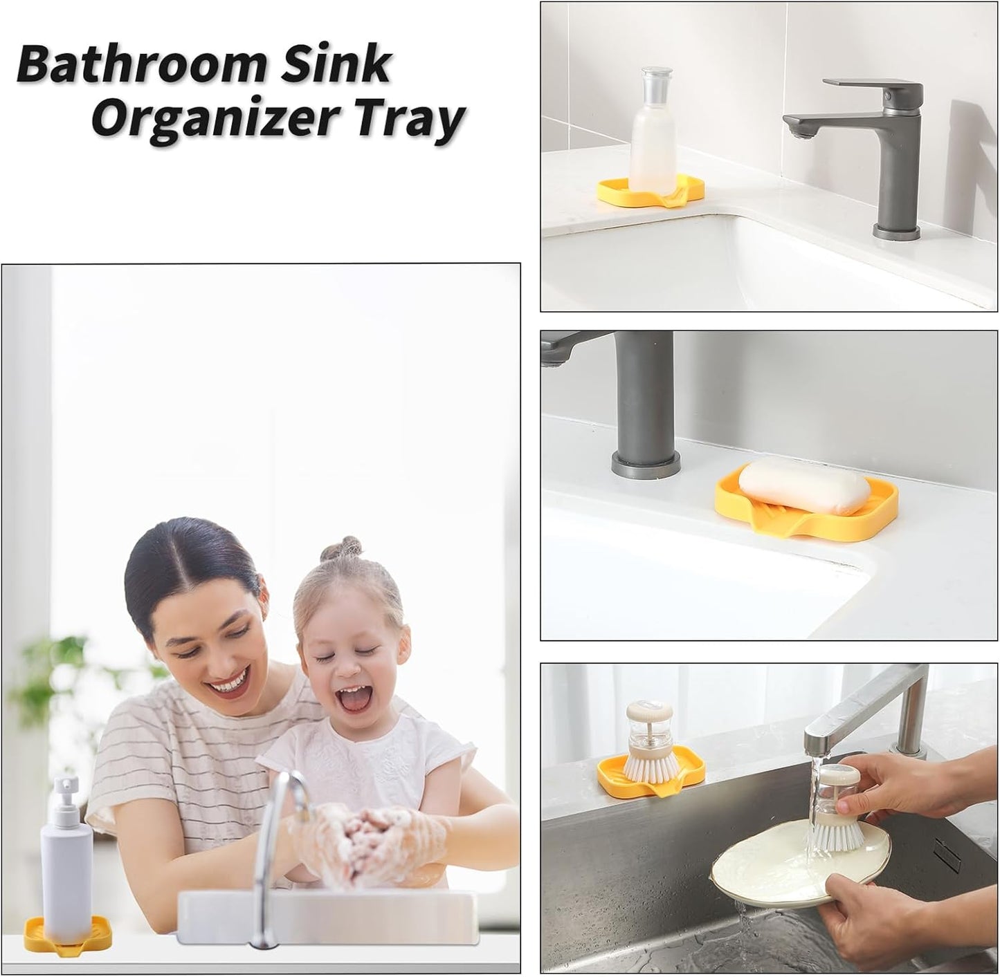 Silicone Bathroom Soap Dishes with Drain Spout-Bathroom and Kitchen Sink Organizer,Sponge Holder,Dish Soap Tray,Perfect for Dispenser,Scrubber,Bottle,Cup on Sink or Counter-Yellow 4.9"×3.2"
