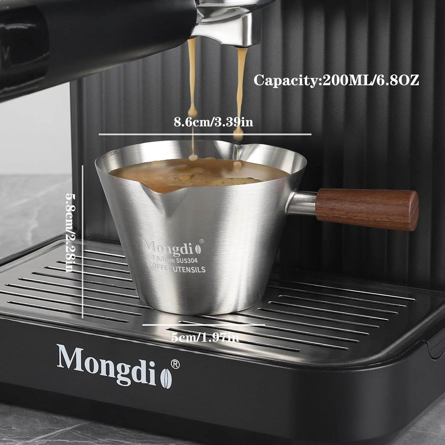 Mongdio 2 Pcs Espresso Measuring Cup, Stainless Steel Espresso Shot Cups with Wooden Handle and Double Spouts, 6.8OZ/200ML, Silver
