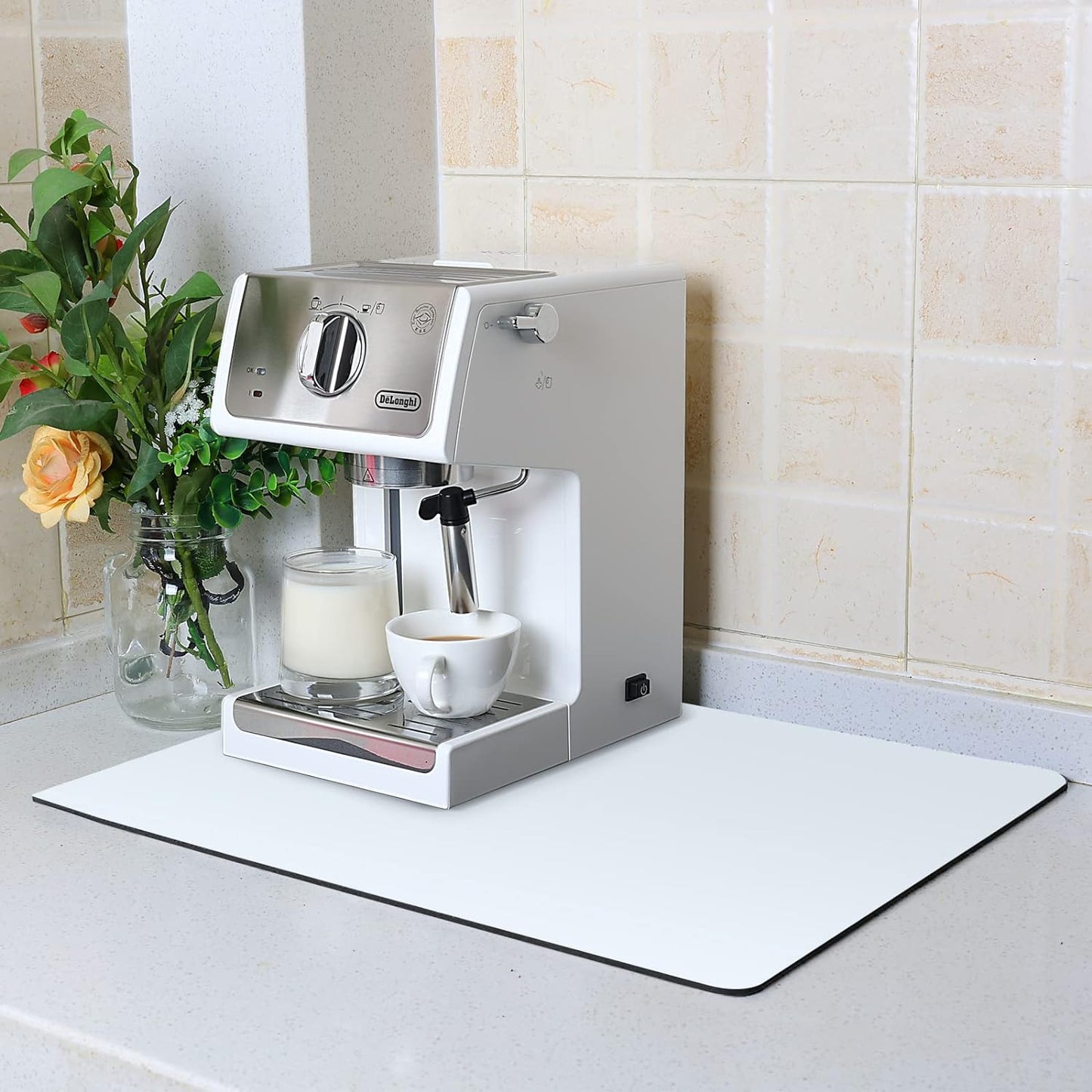 ZLR Coffee Mat - 16" x 20" Large Kitchen Hide Stain Absorbent Dish Drying Mat for Countertop - Easy to Clean Coffee Bar Mat for Espresso Machine and Spill Protection - Milk White