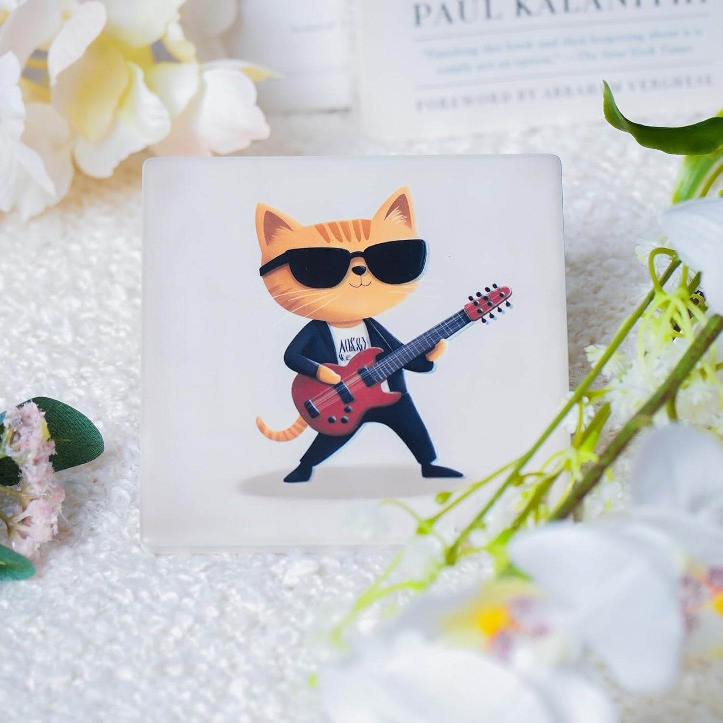 Ceramic Coasters Set of 4 – Square Drink Coasters with Cork Backing, 3.9x3.9 Inches – Decorative Printed Designs for Home, Office, or Gift Use (Musical Cats)