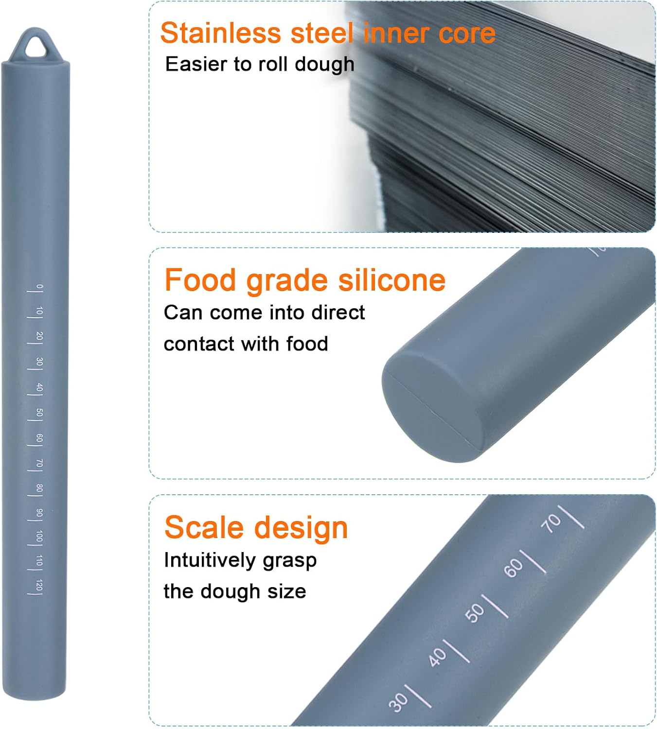 HARFINGTON Silicone Rolling Pin 10" Silicone Surface Non-Stick Stainless Steel Inner Core Dough Roller Kitchen Roller for Baking Pastry Pizza Fondant Bread, Blue