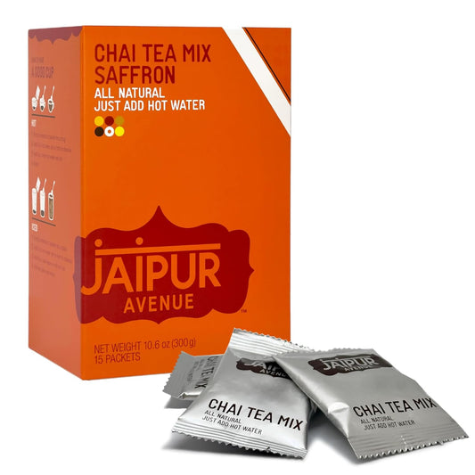 Jaipur Avenue Saffron Chai Tea Mix Crafted with All-Natural Assam Black Tea, Saffron, Cardamom, Cane Sugar, and Premium Dry Milk - Preservative-Free, Gluten-Free (15 Servings)