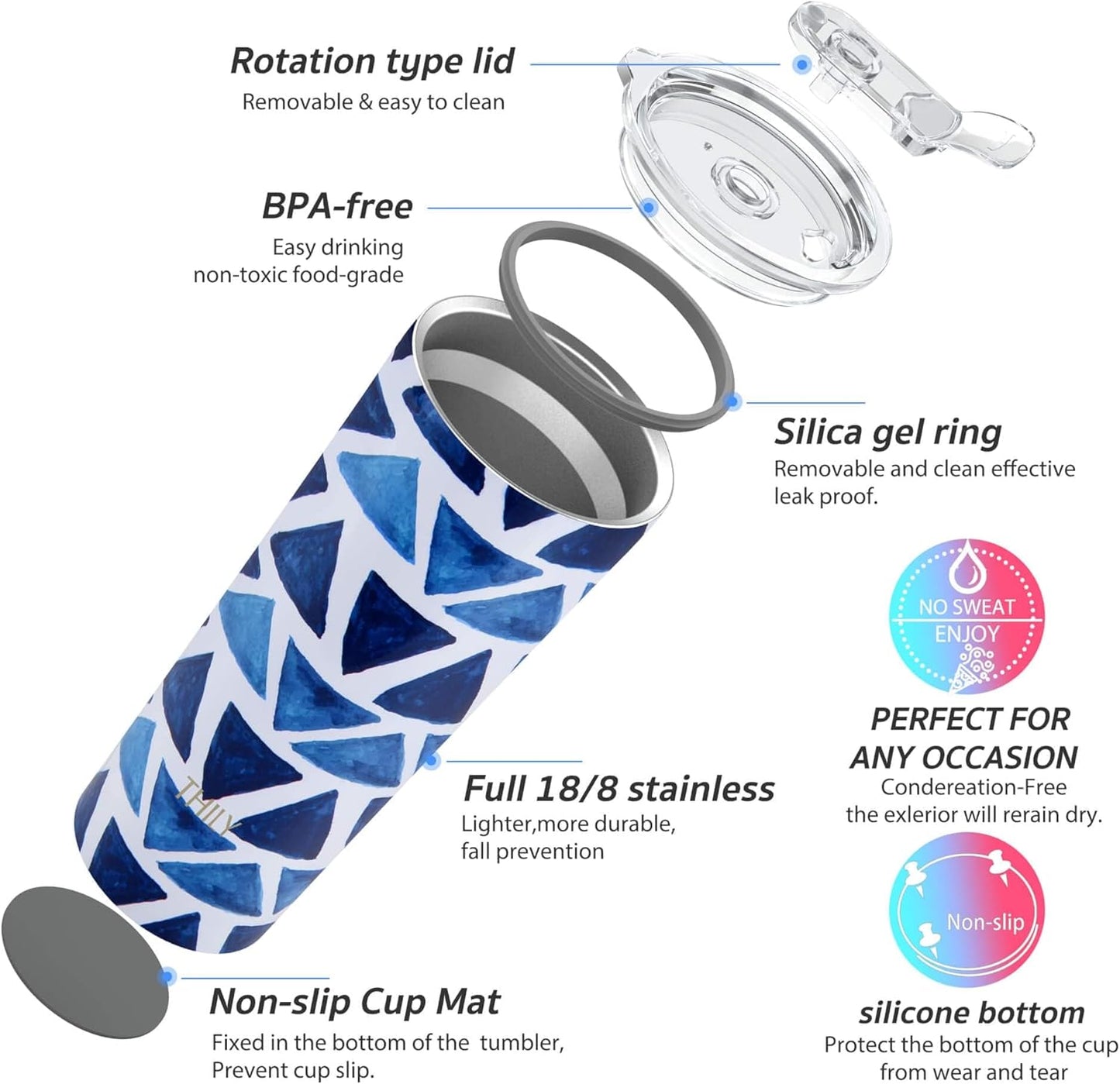 THILY Tumbler Stainless Steel Coffee Cup 26 oz Triple-Insulated Travel Mug with Splash-Proof Lid, for Iced Drinks and Hot Beverage Smoothies Cup, Blue Triangle