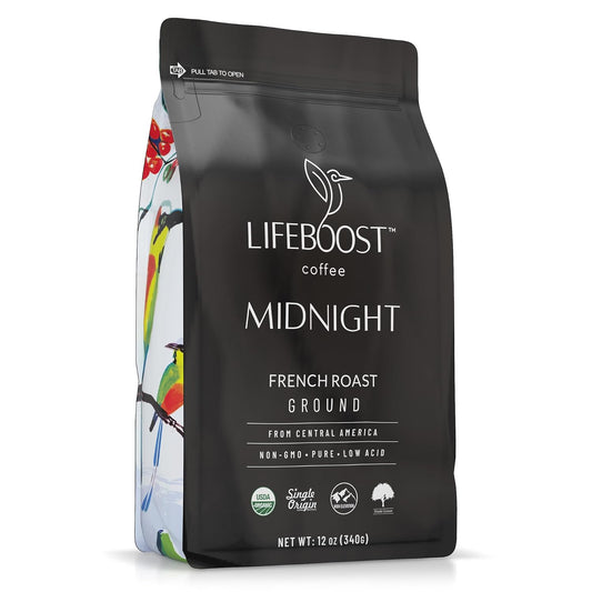 Lifeboost Midnight French Roast Coffee Ground - Non-GMO Single Origin USDA Organic Low Acid Coffee French Roast - Third Party Tested For Mycotoxins & Pesticides - 12 Ounces
