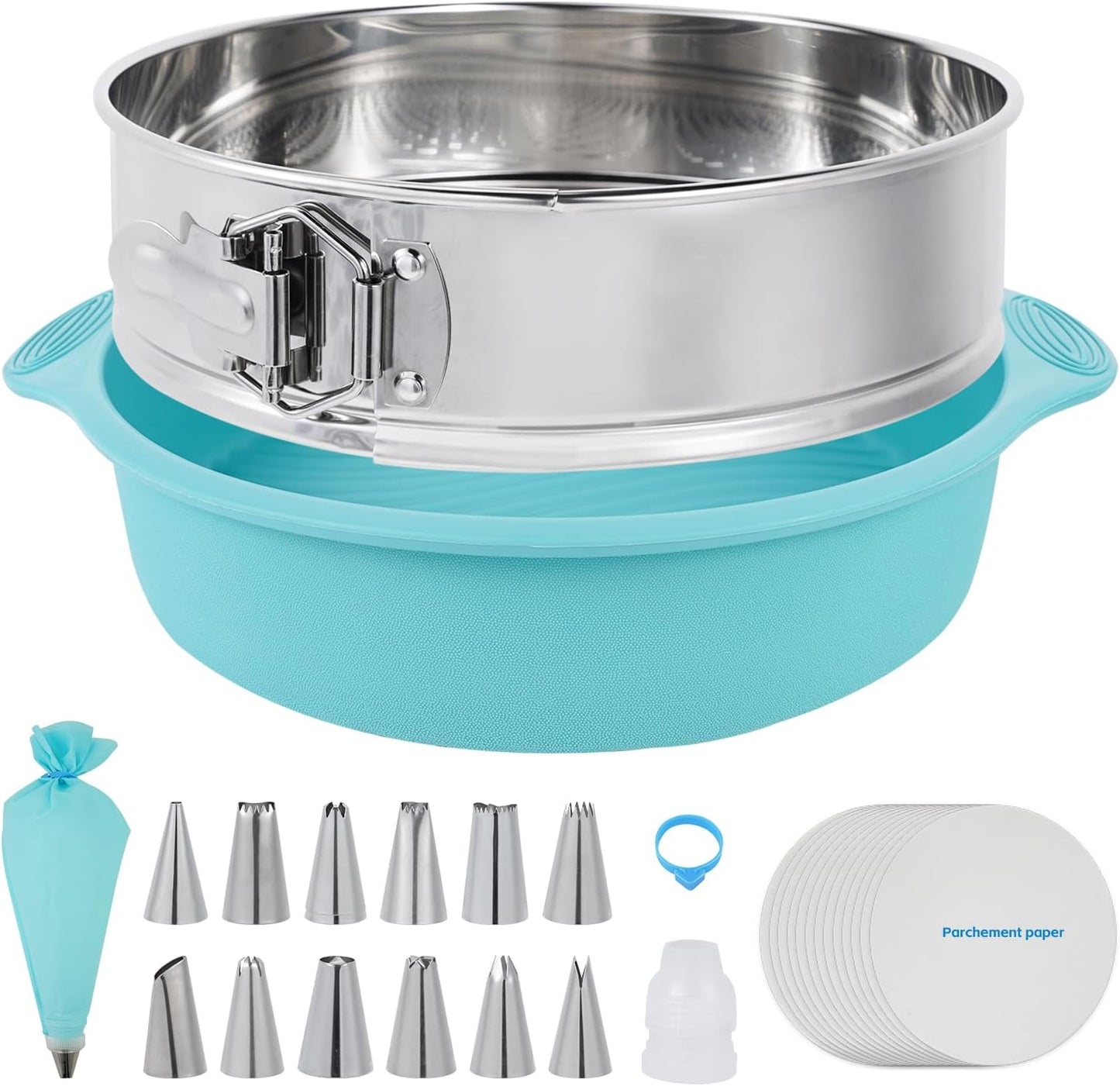 Aufind Springform Cake Pan 9 Inch, 304 Stainless Steel Baking Pan with Removable Bottom, Leakproof Nonstick Design Includes 12 Piping Tips, Silicone Mold and 50 Parchment Papers (9" Cake pan)
