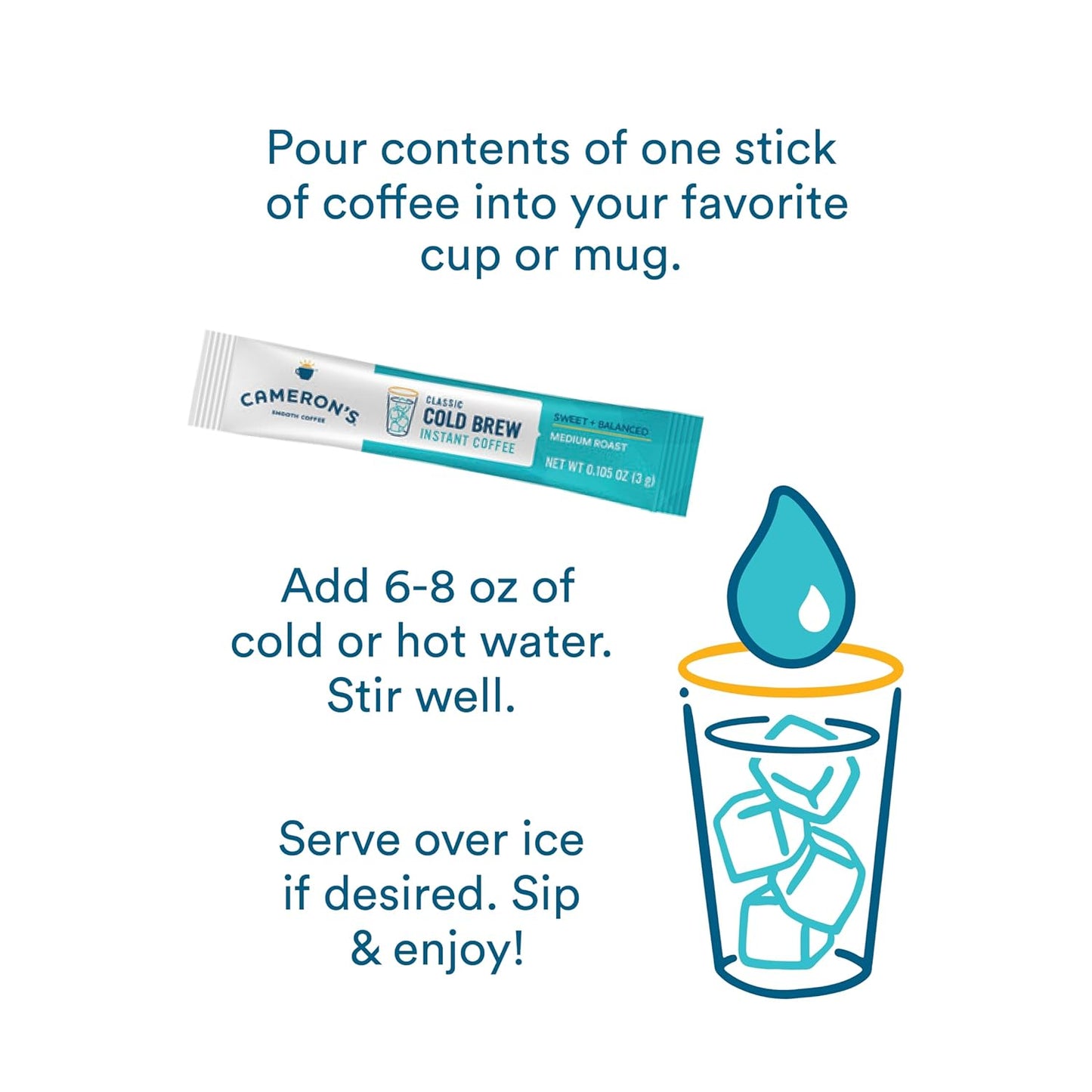 Cameron's Coffee Classic Cold Brew Instant Single Serve Sticks, Medium Roast , 100% Arabica , 128 Count