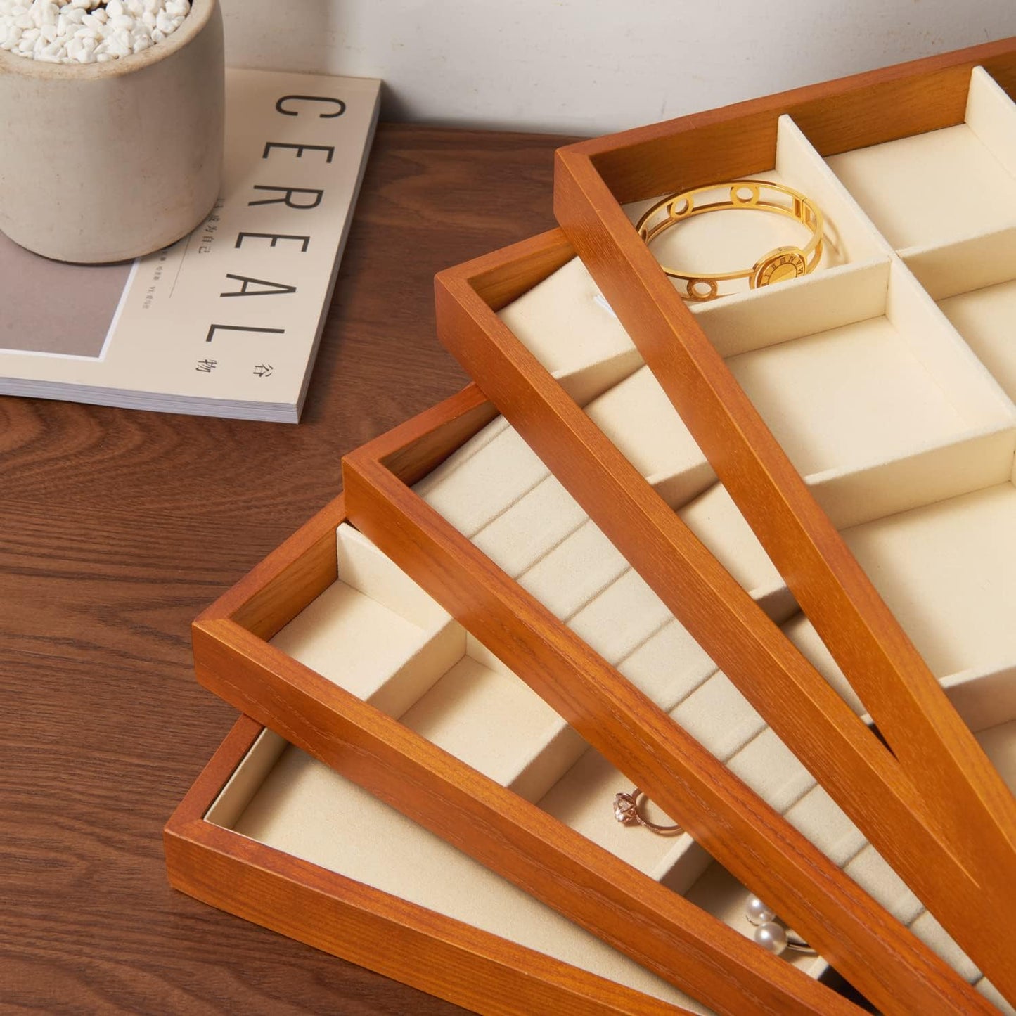 Oirlv Wood 13 Grids Necklace/Bracelet/Pendant Display Tray Jewelry Drawer Organizer Stackable Jewelry Trays (Creamy-white)