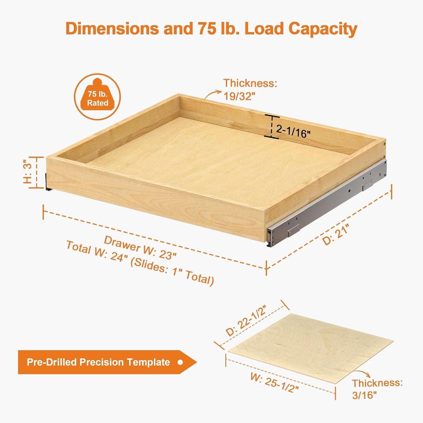 ALINE FURNITURE Pull Out Drawers for Cabinets Birch Wood, 24" W X 21" D Soft Close Slide Out Drawer for Kitchen Cabinets, Pull-Out Shelves, Sliding Shelf for Pantry Cabinet Organizer