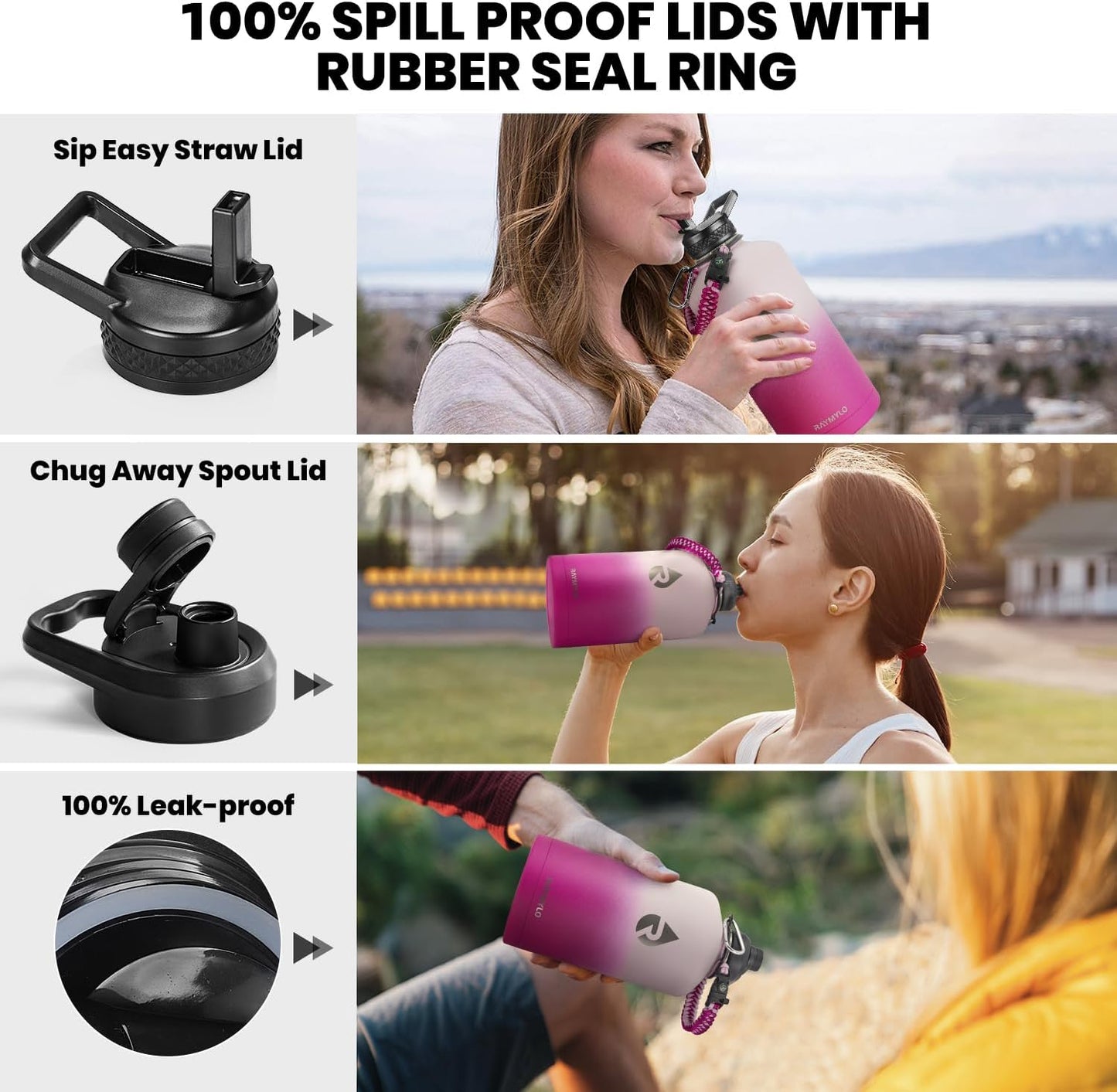 One Gallon Water Bottle Insulated, Triple Walled Vacuum Stainless Steel (Cold for 48 Hrs), Leak Proof & Non-BPA, Large Water Flask Jug with Paracord Handle & Straw Spout Lids