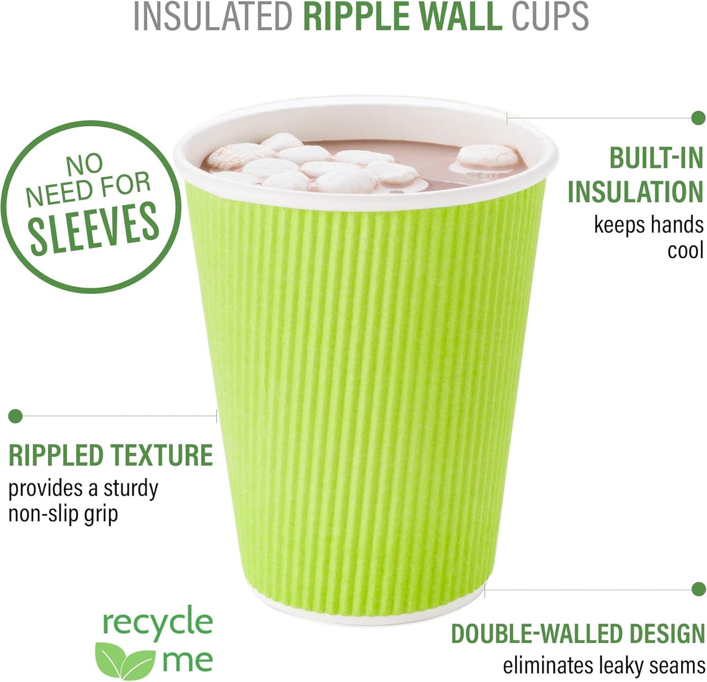 Restaurantware-12 Ounce Disposable Coffee Cups, 500 Ripple Wall Hot Cups For Coffee - Lids Sold Separately, Rolled Rim, Green Paper Insulated Coffee Cups, For Hot Coffee, Tea, And More