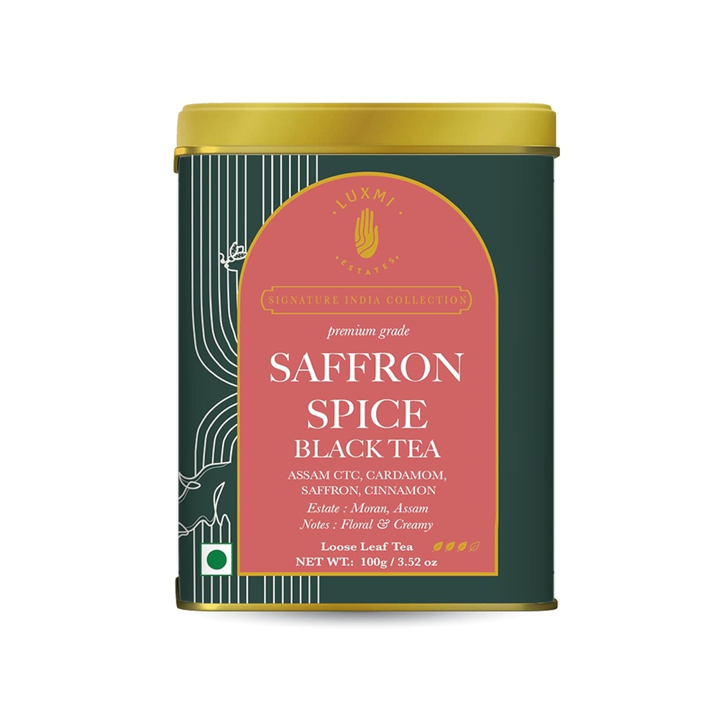 Luxmi Estates Saffron Chai | 100 gm | Signature India collection | Assam CTC Tea | Black tea collection | Saffron chai Organic Strong tea | Antioxidants | Assam Valley tea | Kashmiri Saffron, Cinnamon, Natural Cardamom Extract