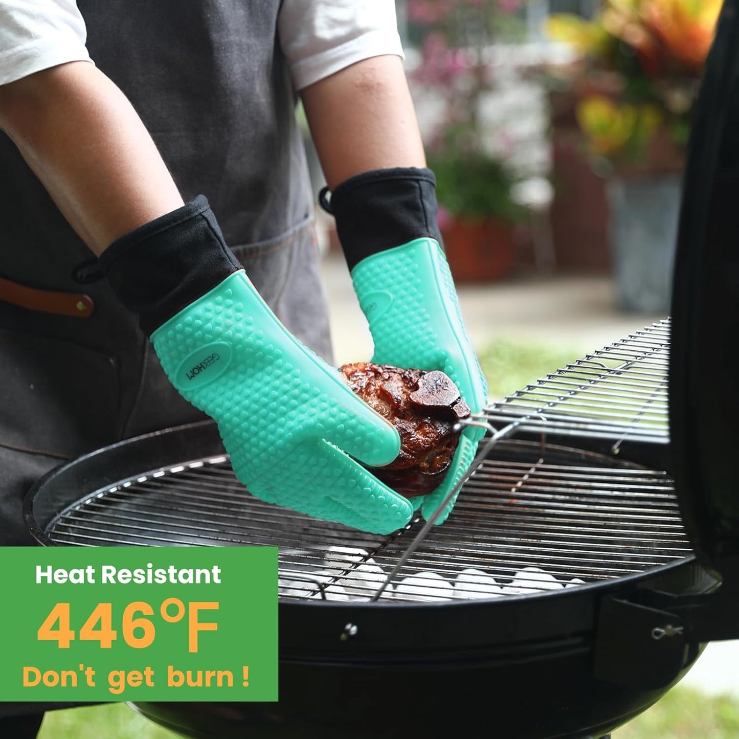 GEEKHOM BBQ Gloves Heat Resistant Oven Mitts - Silicone Grilling Gloves with 13.7" Arm Protection - Waterproof Pot Holder Non-Slip for Men & Women, Kitchen Outdoor Cooking, Baking, Camping, Turquoise