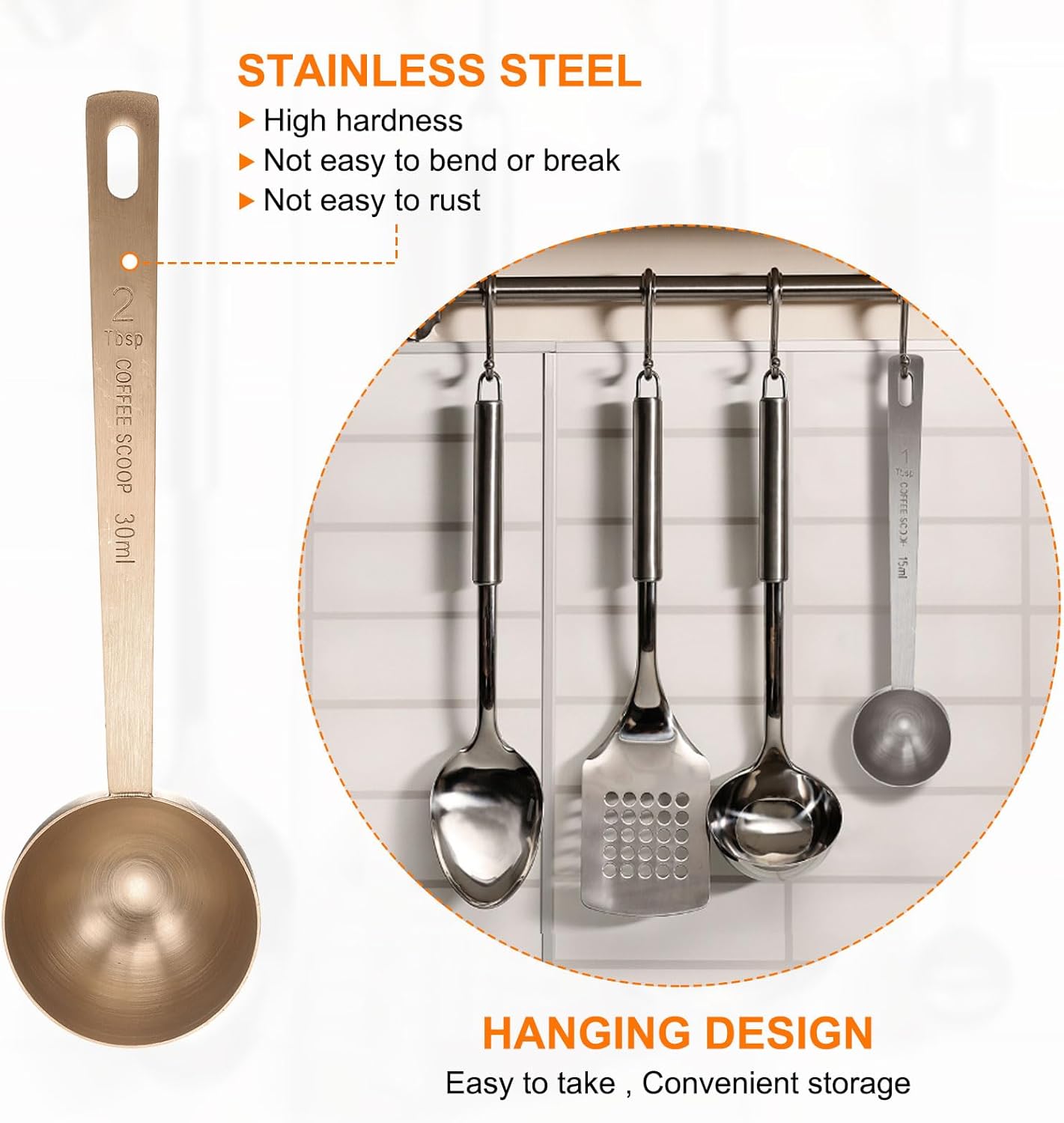 HARFINGTON 3pcs Coffee Scoop Spoon 2tbsp (6tsp, 30ml) 304 Stainless Steel Long Handle Teaspoon/Tablespoon Measuring Spoons Scoops for Tea Sugar Kitchen, Rose Gold