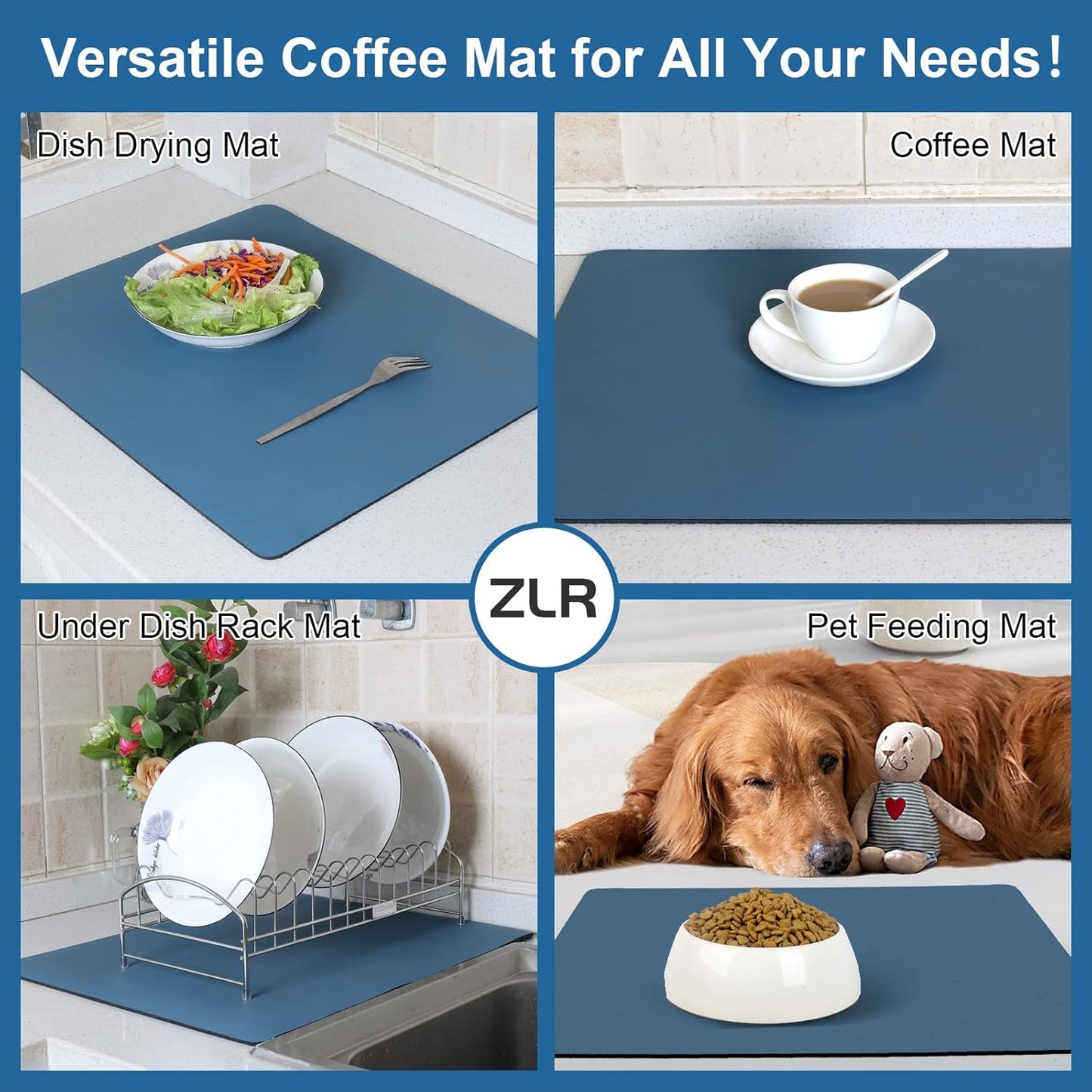 ZLR Coffee Mat - 12" x 20" Middle Kitchen Hide Stain Absorbent Dish Drying Mat for Countertop - Easy to Clean Coffee Bar Mat for Espresso Machine and Spill Protection - Navy Blue