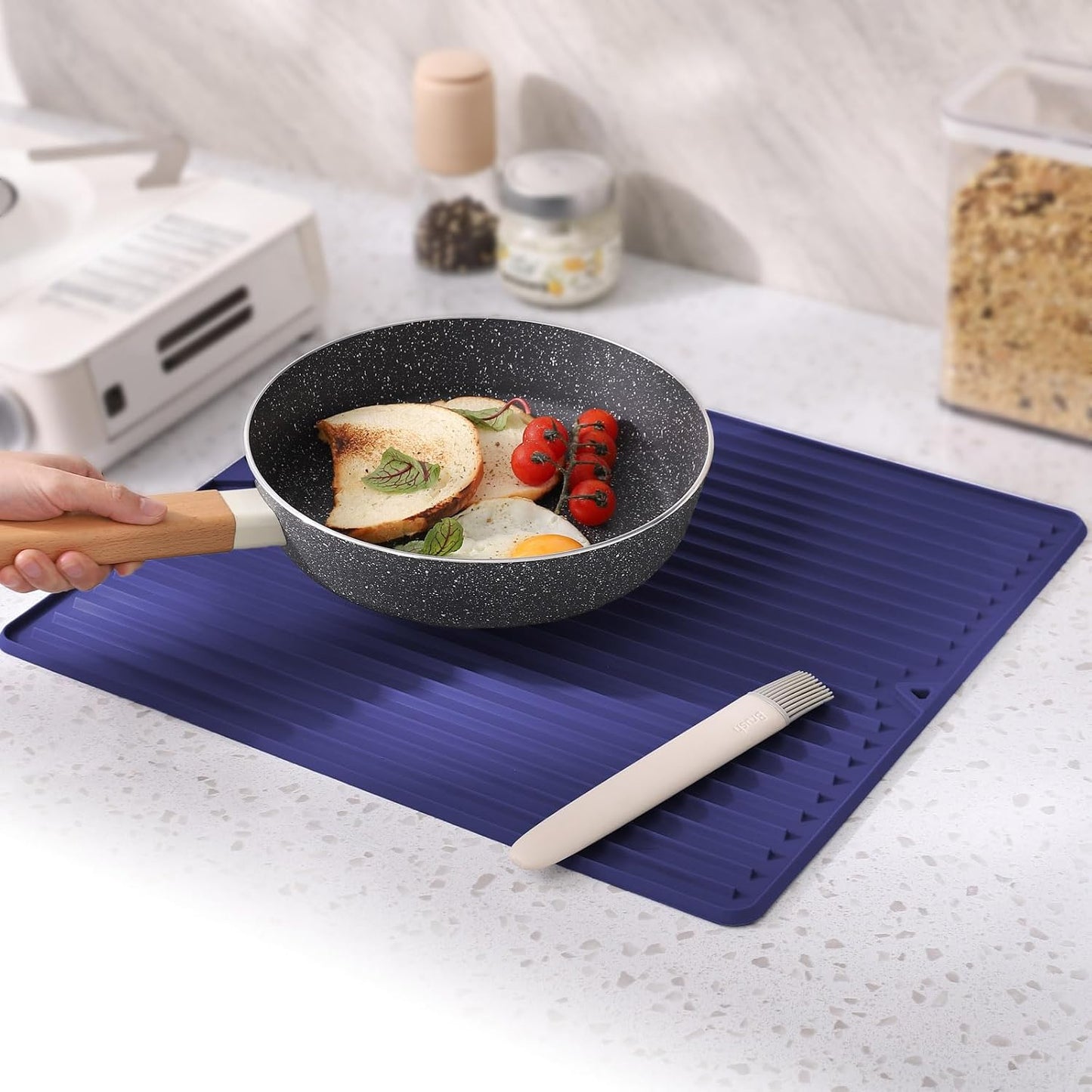 Dish Drying Mat, 16" x 18" Silicone Drying Mat for Kitchen Counter, Large & Thicker Silicone Dish Drying Pad with Raised Edges for Countertop, Multi-Purpose & Heat Resistant