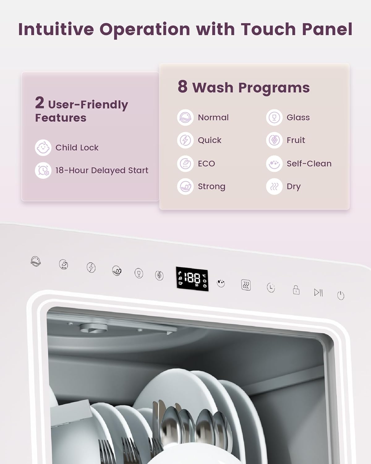 HAVA Countertop Dishwasher with Water Softener and Enhanced Energy Efficiency, Portable Dishwasher with 8 Wash Programs, Child Lock & Delayed Start Function, No Installation Needed - Misty Lilac