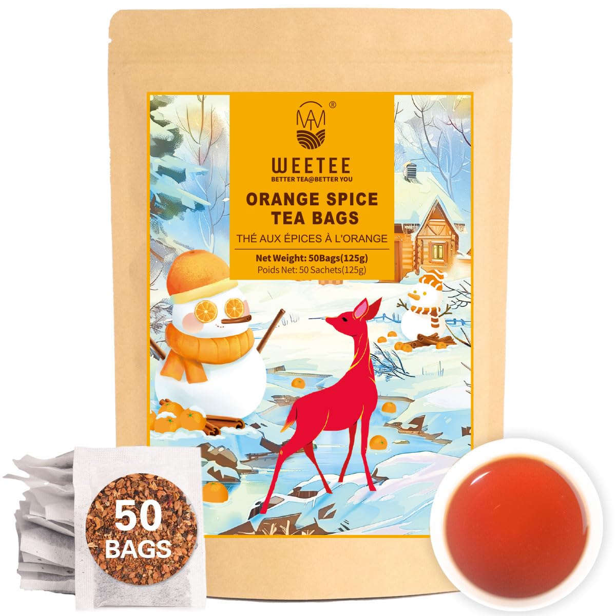 WT WEETEE Orange Spice Herbal Tea Bags, 2.5g x 50 Counts, Sweet Spices Tea Includes Cinnamon, Clove, Orange Peel, Rose Hips, Hibiscus & More, Natural Caffeine-free
