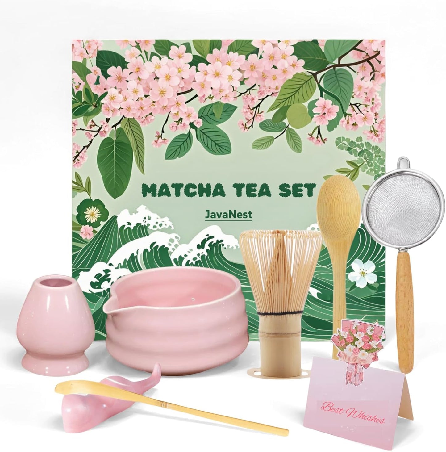 7-Piece Matcha Tea Set with Gift Card – 120-Prong Bamboo Whisk, Ceramic Bowl with Spout, Whisk Holder, Scoop, Spoon, Strainer & Scoop Holder – Ideal Gift for Matcha Lovers (Pink)