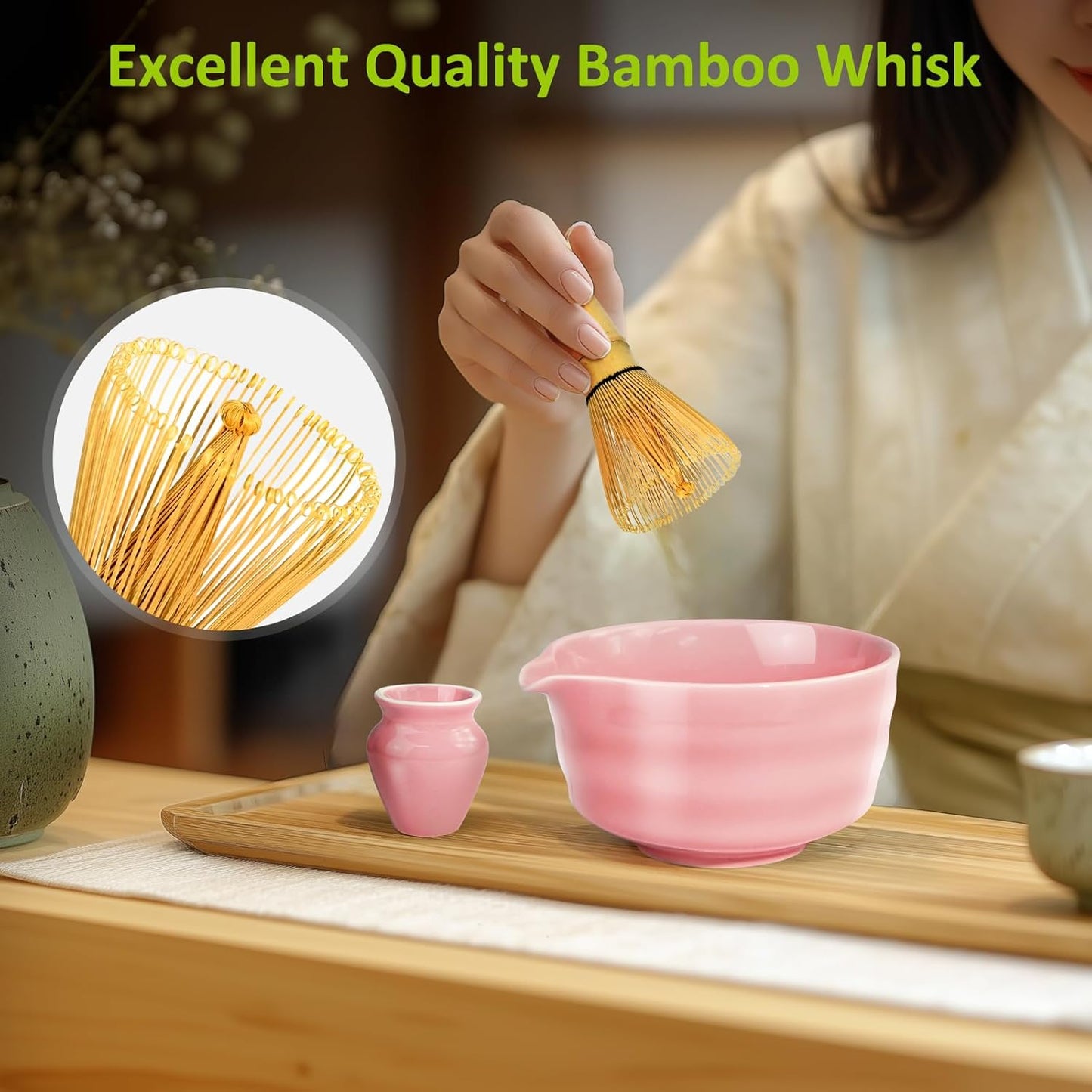 Matcha Set, 9 Pcs Japanese Matcha Whisk Set Matcha Tea Set for Traditional Tea Ceremony, Ceramic Matcha Kit for Matcha Drinks Matcha Set Whisk and Bowl Gift for Starters & Matcha Lover, Pink