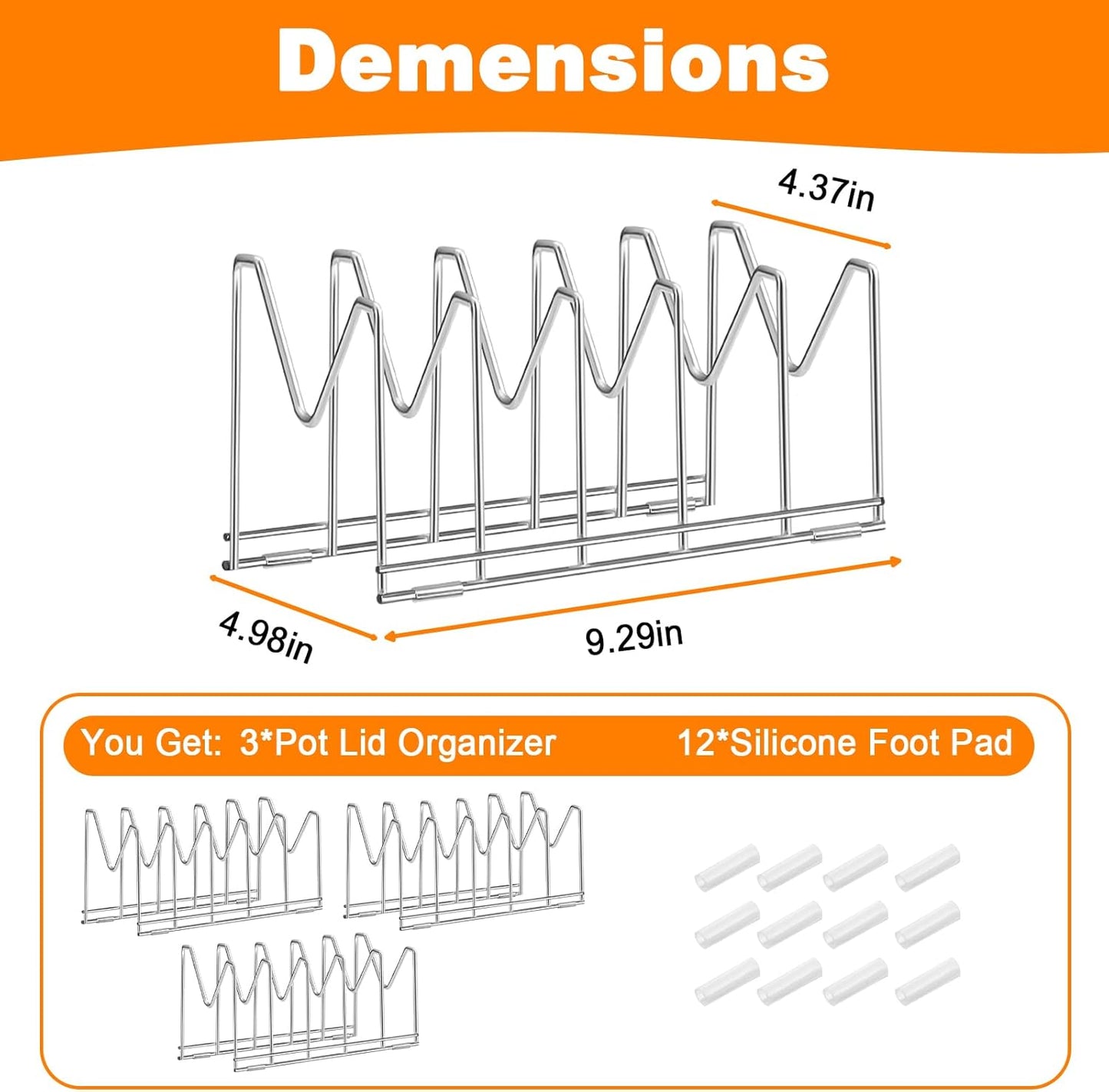 3 Pack Pot Lid Organizer for Cabinet, Stainless Steel Pot Lid Holder with Anti-slip Silicone Mat, Lid Rack for Pans Pots, Bakeware, Plates, Cookie Sheets, Trays, Cutting Boards, Silver