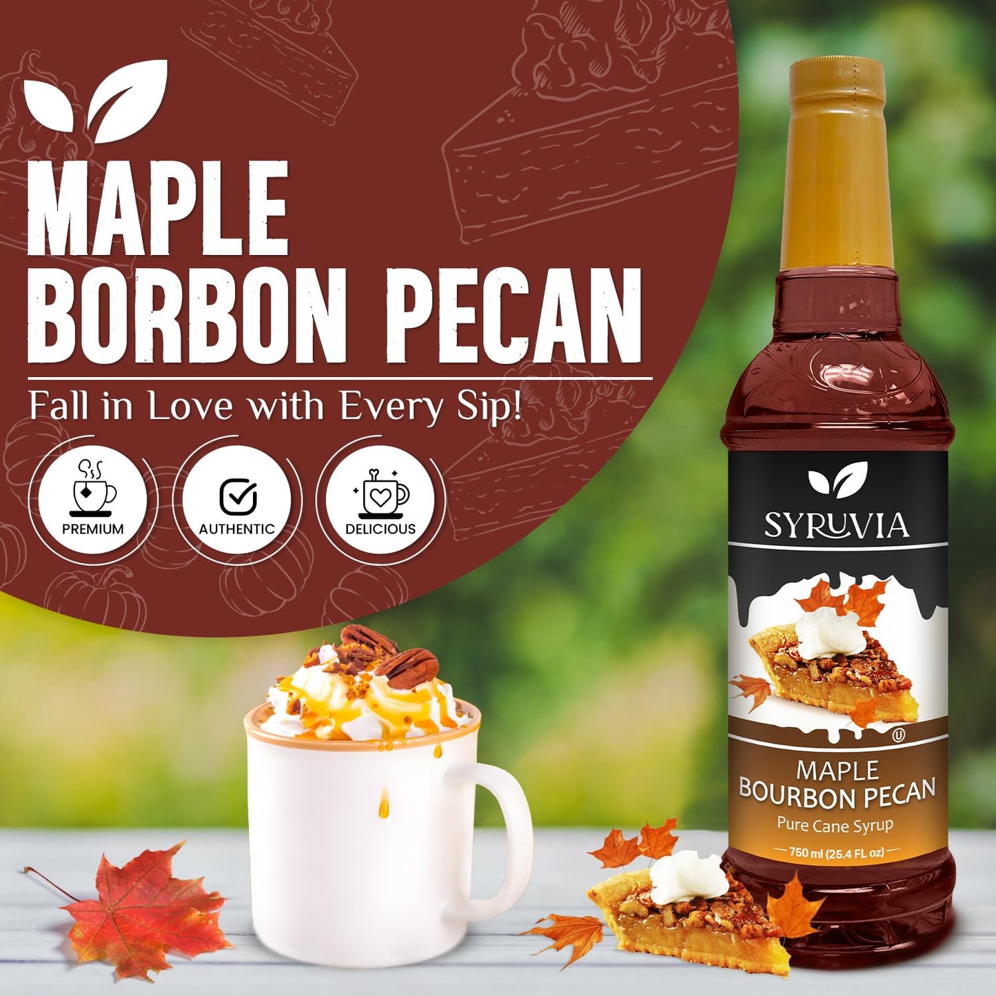 Syruvia Maple Bourbon Pecan Coffee Syrup - 25.4 fl oz - Kosher, Perfect for Drinks, Soda, Desserts, and More, Gluten Free