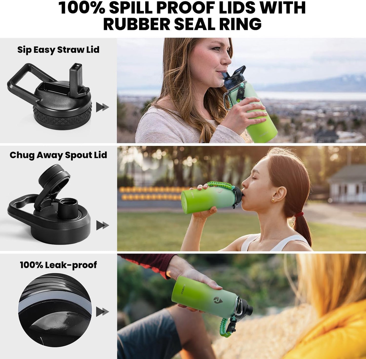 Insulated Water Bottle 32 oz, Triple Wall Vacuum Stainless Steel (Cold for 48 Hrs), Leak Proof & Non-BPA, Modern Water Flask Jug with Paracord Handle & Straw Spout Lids, Ombre Green