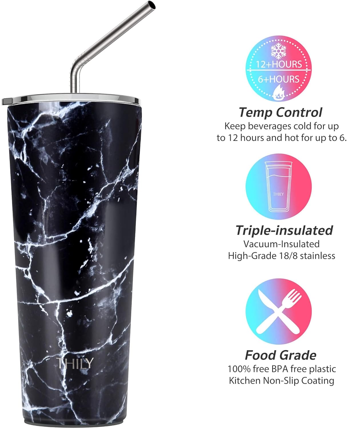 THILY Stainless Steel Vacuum Insulated Tumbler 26 oz Triple-Insulated Travel Mug with Splash-Proof Lid, for Iced Coffee and Hot Beverage, White Marble + Black Marble