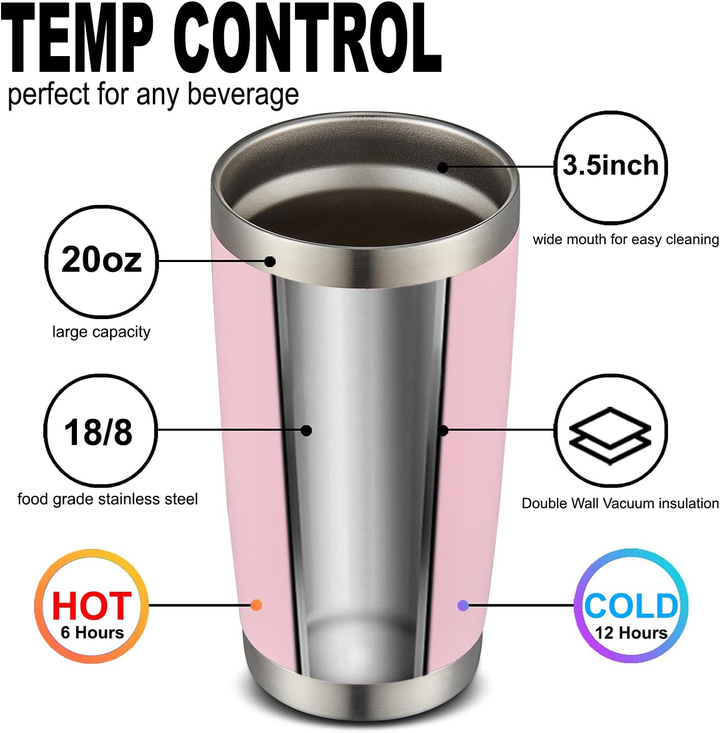 COMOOO 20oz 8 Pack Tumbler Double Wall Vacuum Insulated Coffee Travel Mug Stainless Steel Tumbler Bulk with Lid and Straw Insulated Coffee Cup for Cold & Hot Drinks (Pink, 8 Pack)