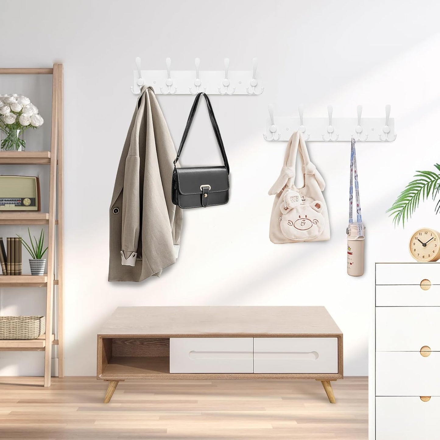 2pcs Coat Rack Wall Mount Coat Hooks Wooden Hat Rack for Wall Hooks Pine Real Wood Plank 16.9" White Coat Hanger with 5 White Triple Hooks for Hanging Coat Hat Jacket