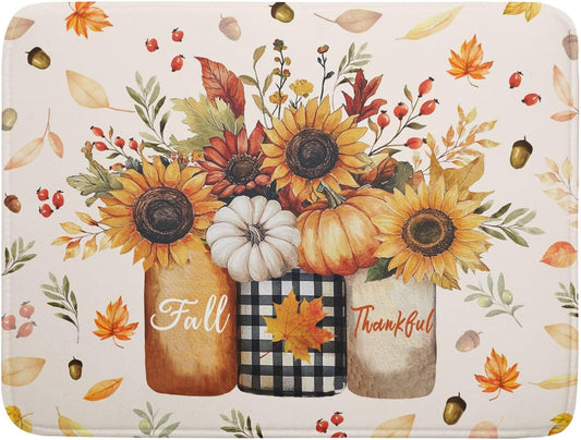 Autumn Sunflowers Vase Dish Drying Mat for Kitchen Counter,Fall Pumpkin Maple Leaves Drying Mat 18 x 24 Inch with High Absorbent Microfiber Dish Drying Drainer Mat for Coffee Bar