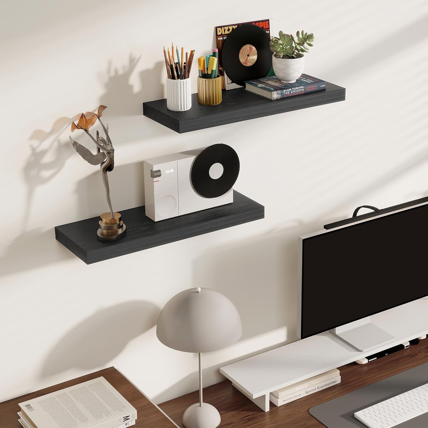 Fun Memories Rustic Floating Shelves for Home Decor, 8 Inch Deep Floating Shelf, Solid Wood Floating Wall Shelves 24 Inch Long, Deep Wall Shelves for Bathroom, Living Room, Black Finsh, Set of 2