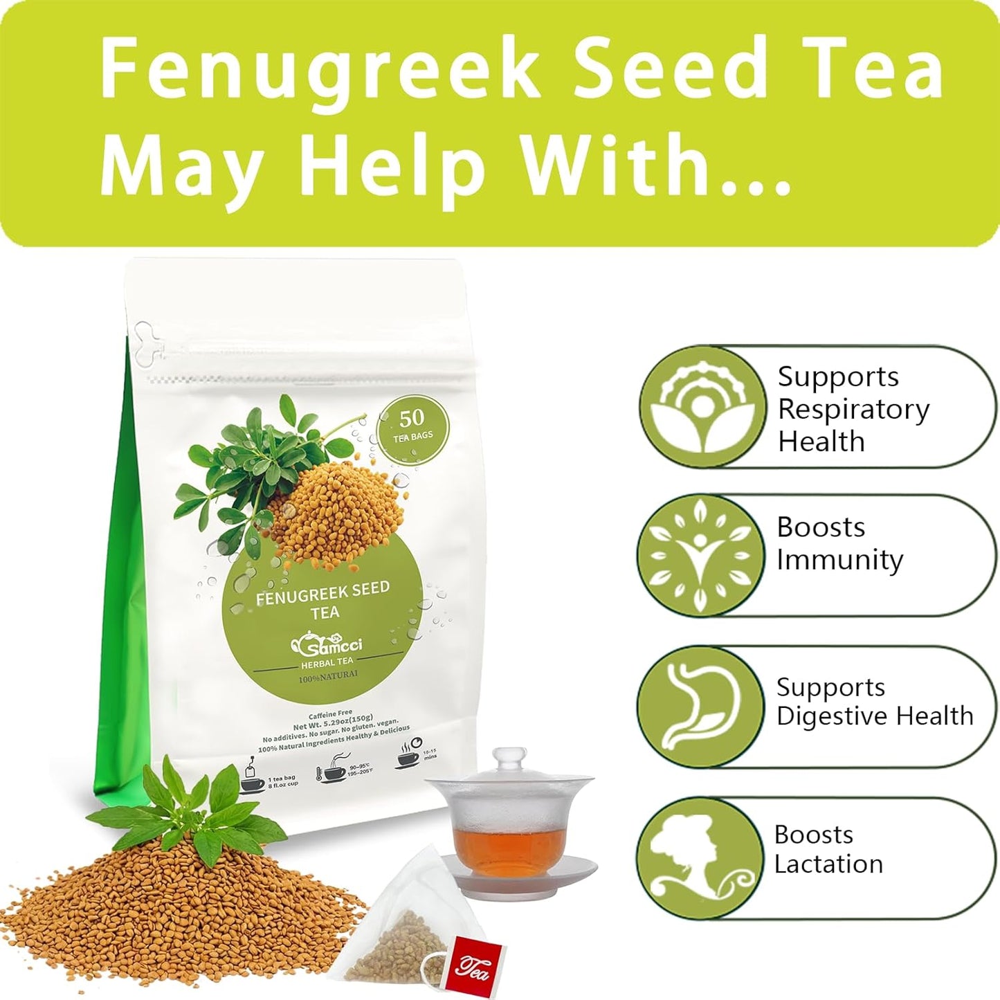 Samcci - Fenugreek Seed Tea Bags, 50 Teabags, 3g/bag - Natural Healthy Fenugreek Methi Seeds Herbal Tea - Non-GMO - Caffeine-free - Support Digestion & Improve Heart Health