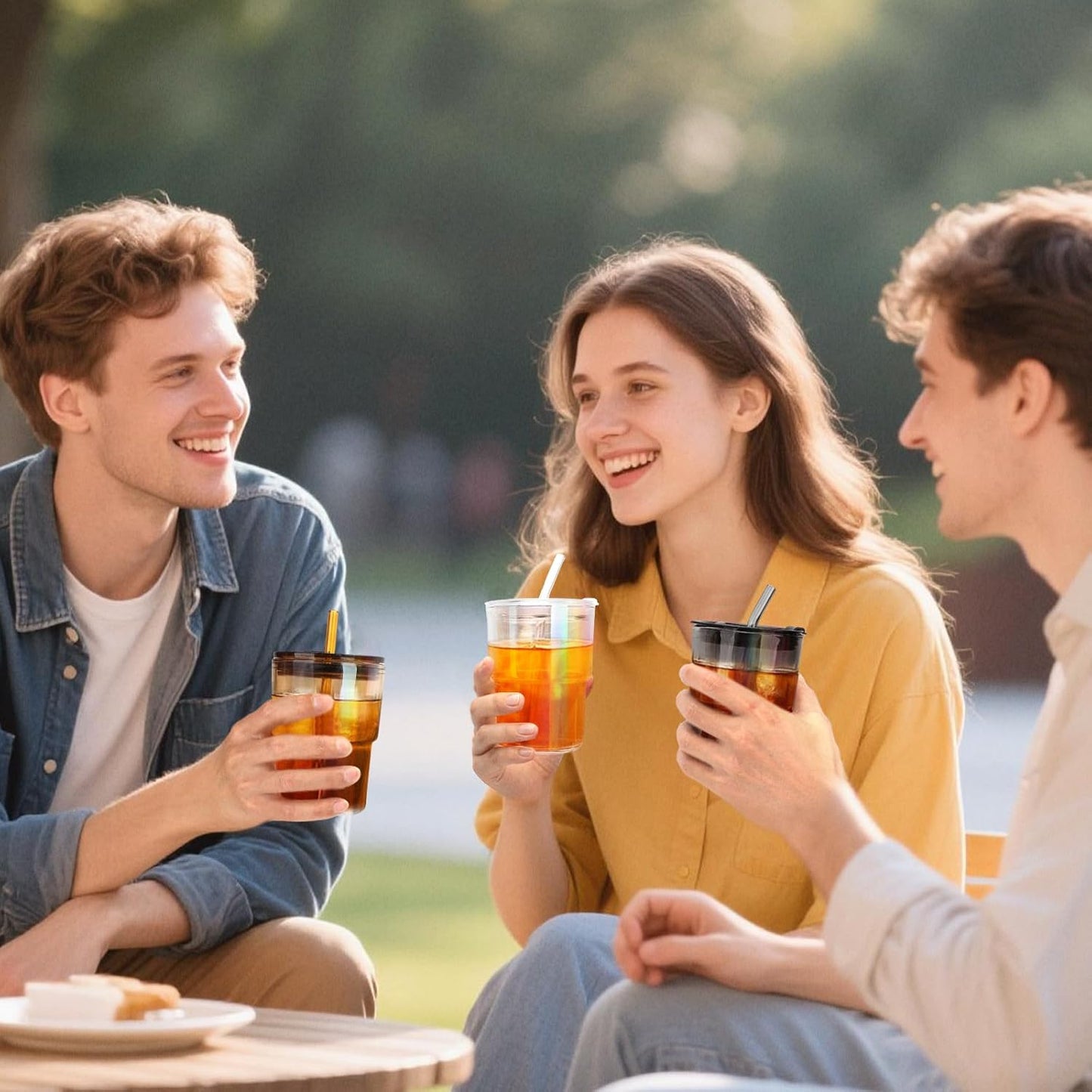 13 oz Glass Tumbler with Glass Straw and Lid, Leak-Proof Reusable Travel Cup for Iced Coffee, Tea, Matcha, Fruit Juice – Thick Wall Clear Water Bottle (Amber, 4 Pack)