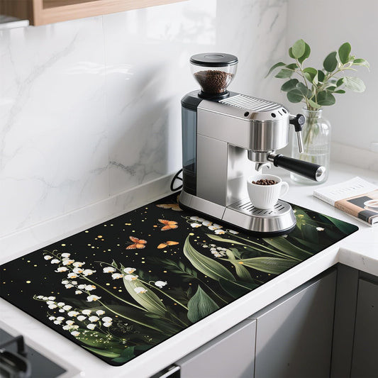 17"x 32" Coffee Bar Mat, White Campanula Absorbent Dish Drying Mat Cuttable Hide Stain Draining Table Pad for Kitchen Counter, Coffee Bar Accessories