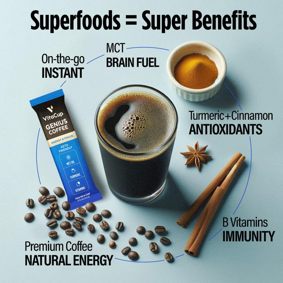 VitaCup Genius Instant Coffee Packets, Increase Energy & Focus, Keto Coffee, Serve Hot or Cold Brew, MCT Oil, Turmeric, B Vitamins, D3, Bold & Smooth,100% Arabica Coffee in Single Serve Sticks, 72 Ct