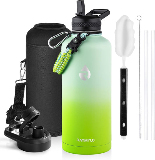 Insulated Water Bottle 87 oz, Triple Wall Vacuum Stainless Steel (Cold for 48 Hrs), Leak Proof & Non-BPA, Modern Water Flask Jug with Paracord Handle & Straw Spout Lids, Ombre Green