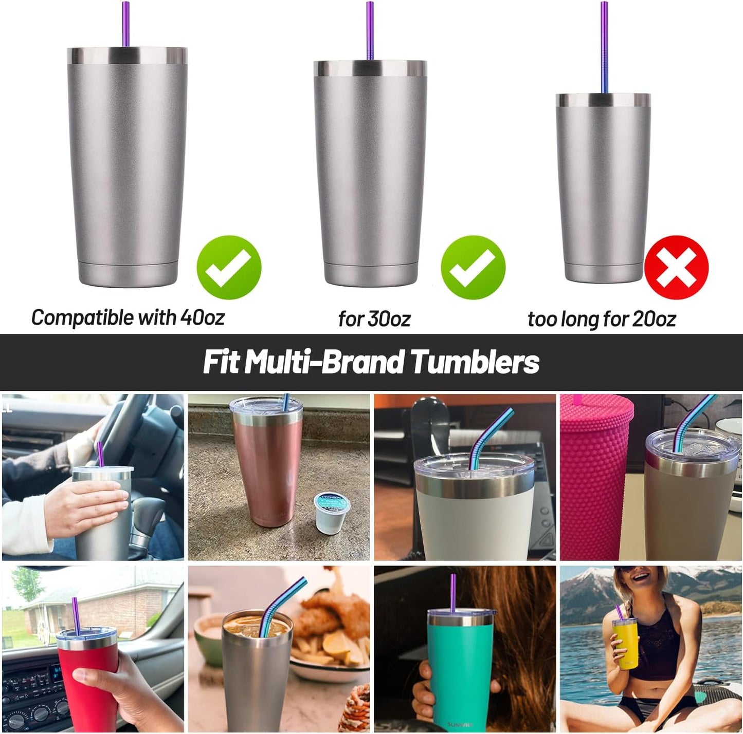 VEHHE Metal Stanley Straw, 12.5-inch Long Stainless Steel Stanley Cup Straw, 4 Pack Reusable Drinking Straws with Cleaning Brush for Stanley Cup Accessories(Rainbow)