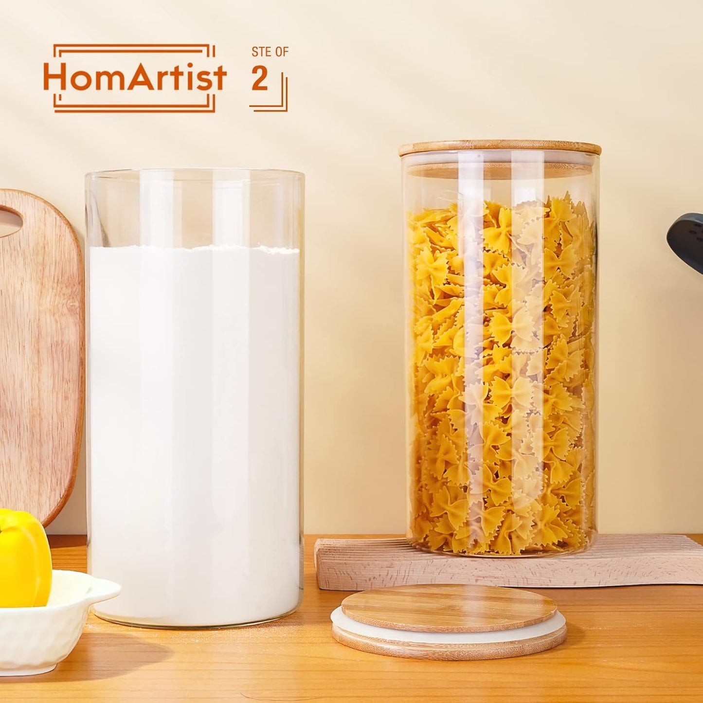 Large Glass Flour and Sugar Containers 180oz x2 [Set of 2], Glass Food Storage Containers with Bamboo Lids, Glass Jar with Airtight Lids for Spaghetti Pasta,Rice,Cereal,Candy,Coffee, Oat