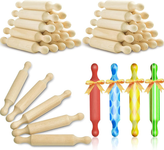 Suclain 30 Pcs Wooden Mini Rolling Pin Long Kitchen Baking Small Dough Rolling Pin for Children Fondant Pastry Pizza Crafting and Imaginative Play for Halloween and Christmas Presents (6 Inches)