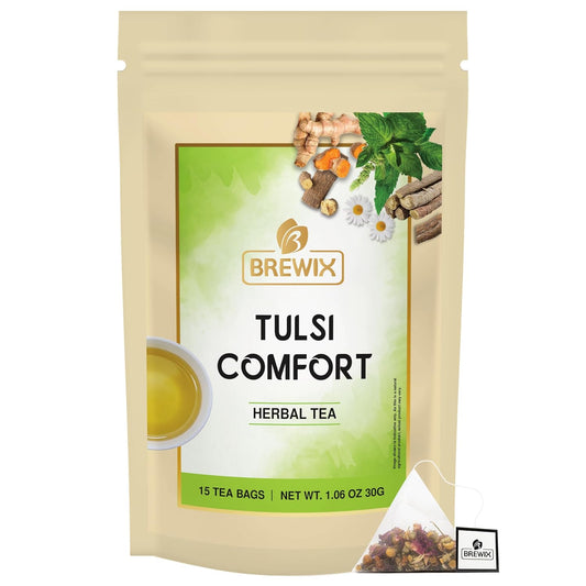 BREWIX Holy Basil Tea Bags (15 Pyramid Tea Bags) | Tee With Tulsi Leaves and Chamomile | Caffeine Free, Calming Herbal Tea With Fresh and Cool Flavor