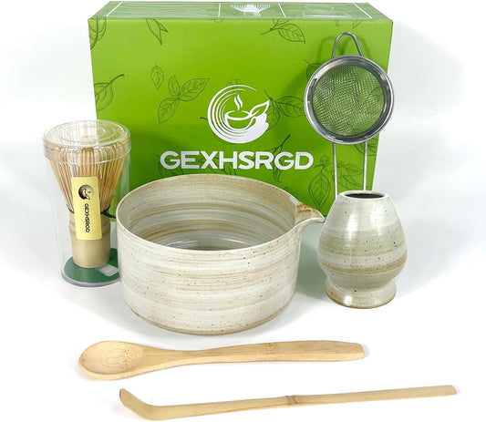 Matcha Whisk Set,6Pcs Matcha Kit Includes Matcha Whisk and Holder,Matcha Bowl with Spout,Matcha Sifter and 2Pcs Matcha Spoon,Suitable as a gift for those who like matcha (Gray)
