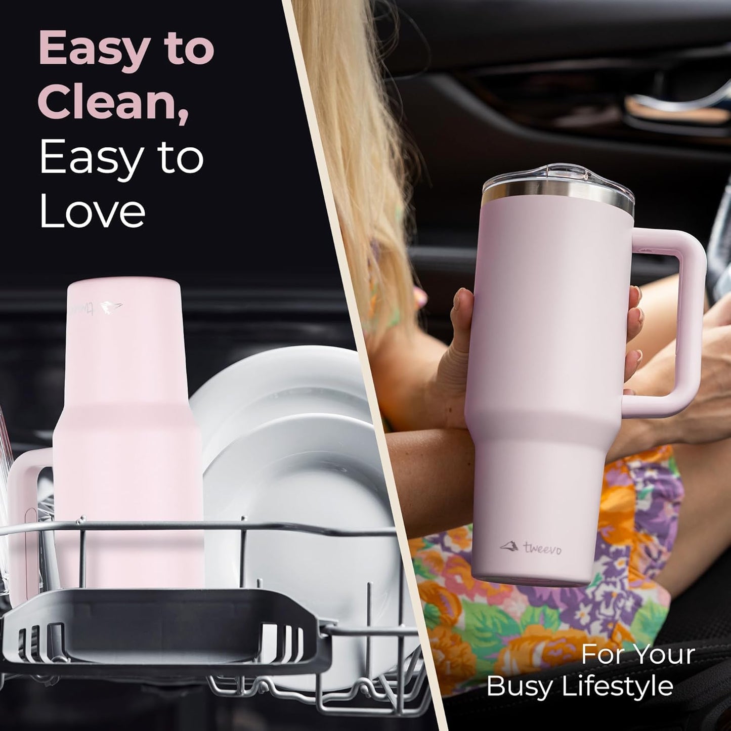 40 oz Tumbler With Handle and Straw Made of Stainless Steel - Double Wall Vacuum Insulated Tumbler With Lid - Sweat Proof Easy Grip, BPA-Free, Dishwasher Safe Tumbler (Rose Quartz)