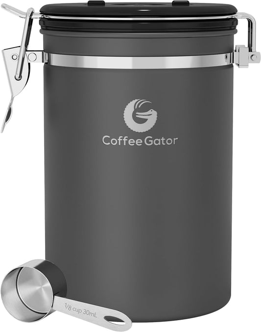 Coffee Gator Coffee Canister, 22oz Airtight Stainless Steel Kitchen Food Storage Container with Date-Tracker, CO2-Release Valve and Scoop for Beans, Grounds, Sugar, Cookies Jars, Tea, Cereal - Gray