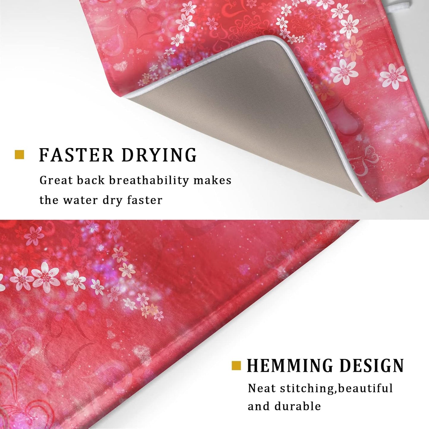 Valentines Day Dish Drying Mat for Kitchen Counter Red Heart Flower Decor Drying Mat 18 x 24 Inch with Absorbent Reversible Microfiber Dish Drying Pad Dish Rack Drainer Mat for Coffee Bar