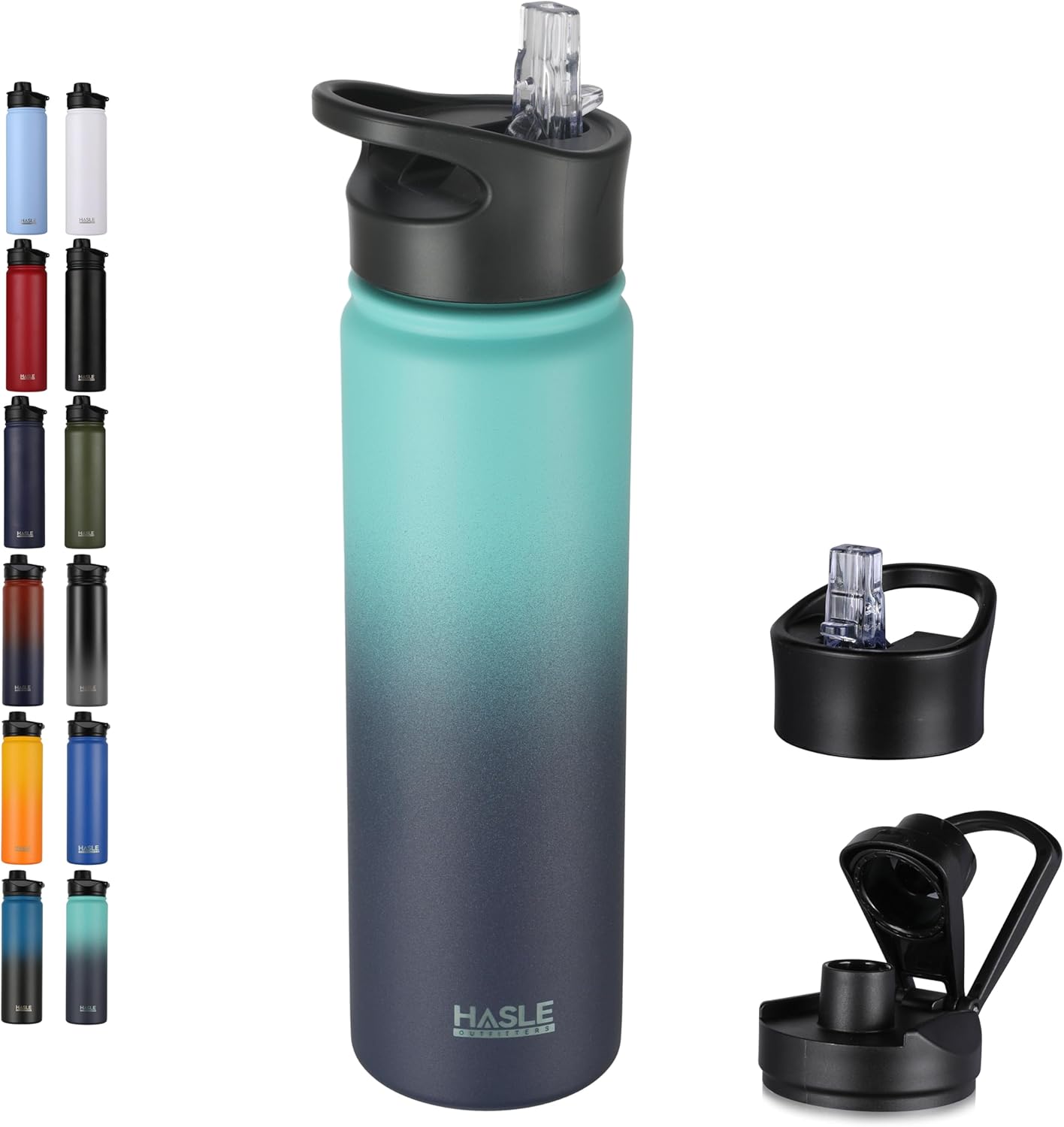 HASLE OUTFITTERS Insulated Water Bottle 22 oz Double Wall Stainless Steel Water Bottle Wide Mouth with Straw Lid & Spout Lid Keeps Cold or Hot(Green Blue Gradient,1)
